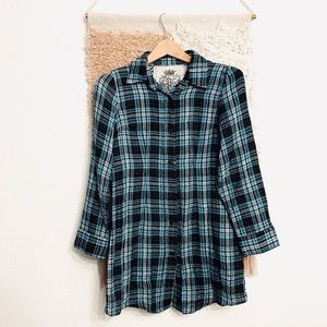 jka brand plaid flannel tunic top gauze black blue xs